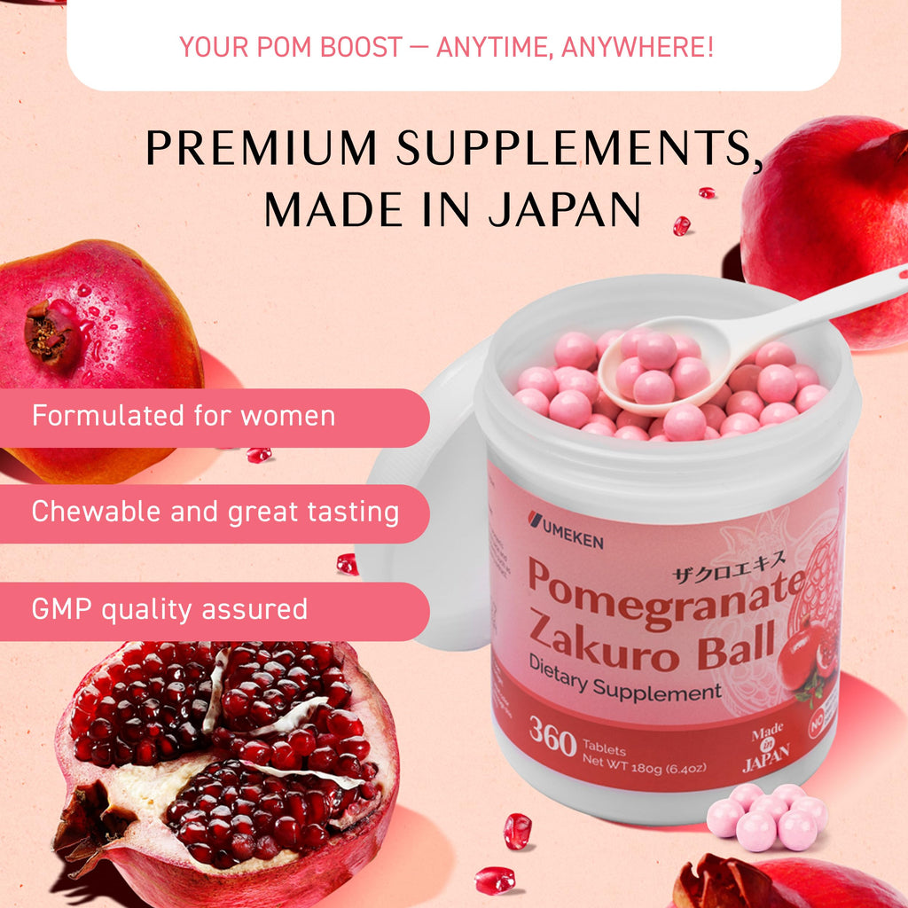 Umeken Pomegranate Zakuro Ball Chewable Supplement, Natural Pomegranate Extract with Vitamins and Minerals, Japanese Supplement for Women, 360 Count per Bottle, 4 Month Supply, Pack of 2 Bottles