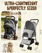 Pet Stroller for Small Medium Dogs Cats - Lightweight 10lbs Foldable Dog Stroller, Breathable Mesh & Safety Tether, 33lbs Capacity with Locking Wheels, Storage Basket for Outdoor Walks-Gray