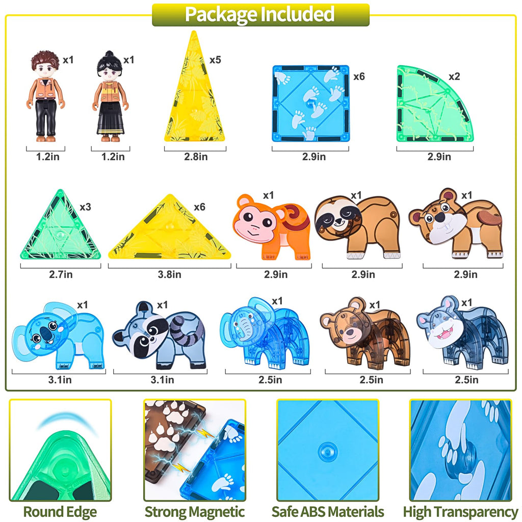 Asago Magnetic Tiles Set, Magnet Blocks Building Toys, Safari Animals Magnetictile for Toddler 3-5, Assembly 3D Structure Jungle & Forest Theme, STEM Learning Toy for Kids Girls,Boys Age 3 4 5 6 7