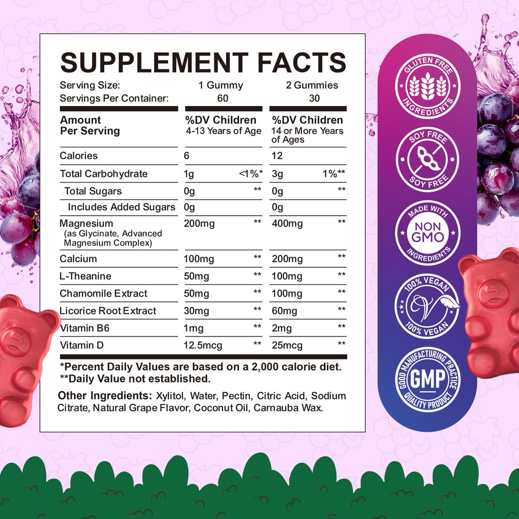 Kids Magnesium Glycinate Gummies - Magnesium Supplement Gummies with L-Theanine, Chamomile, Licorice, Vitamin B6, D for Kids & Adults Sleep, Stress, Muscle Relief & Nerve Bone - Sugar Free Grape 60ct