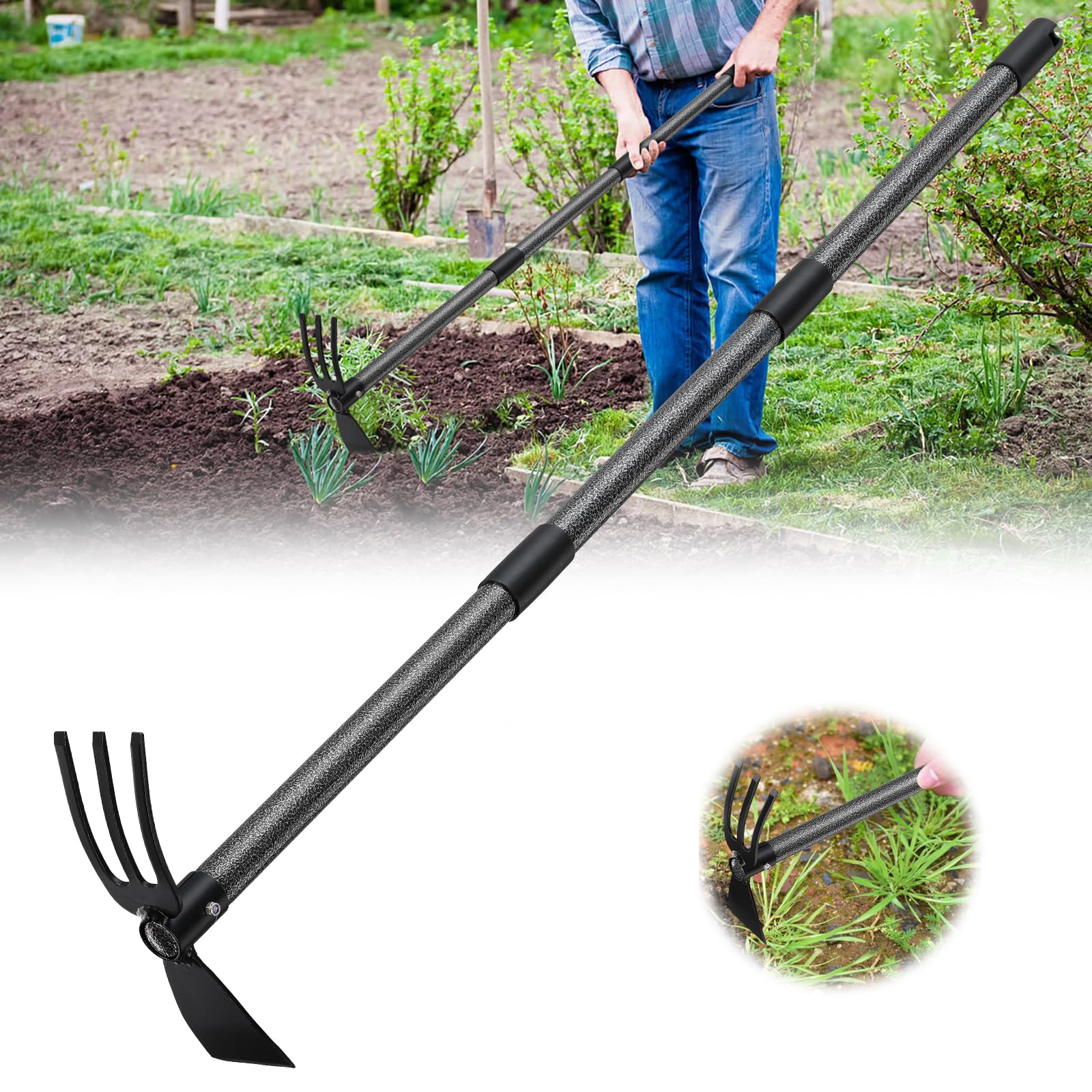 Hoe and Cultivator - 60” Long Handle - Heavy Duty Garden Hoe Tiller, Standing Hoe Garden Tools Durable Cultivator Hoes Hand Rake Fork for Gardening Weeding Planting Loosening Soil