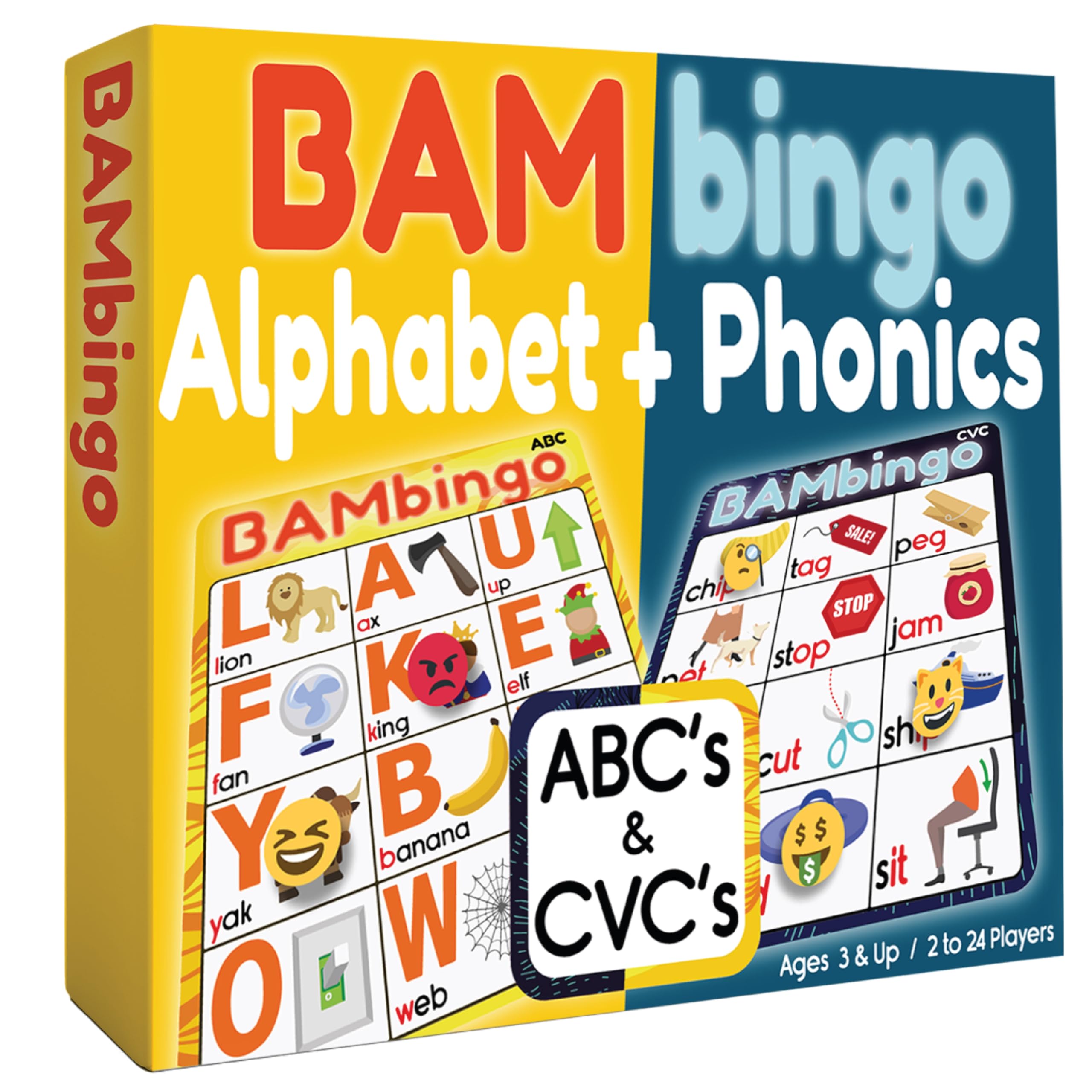THE BAMBINO TREE Alphabet and Phonics Bingo - ABC Learning Letter Recognition and CVC Words with Pictures - Phonics Games for Kids Ages 3-7 yrs Preschool Kindergarten