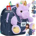 Naturally KIDS Toddler Backpack w. Plush Purple Unicorn Toy, Kids Gift 2-6