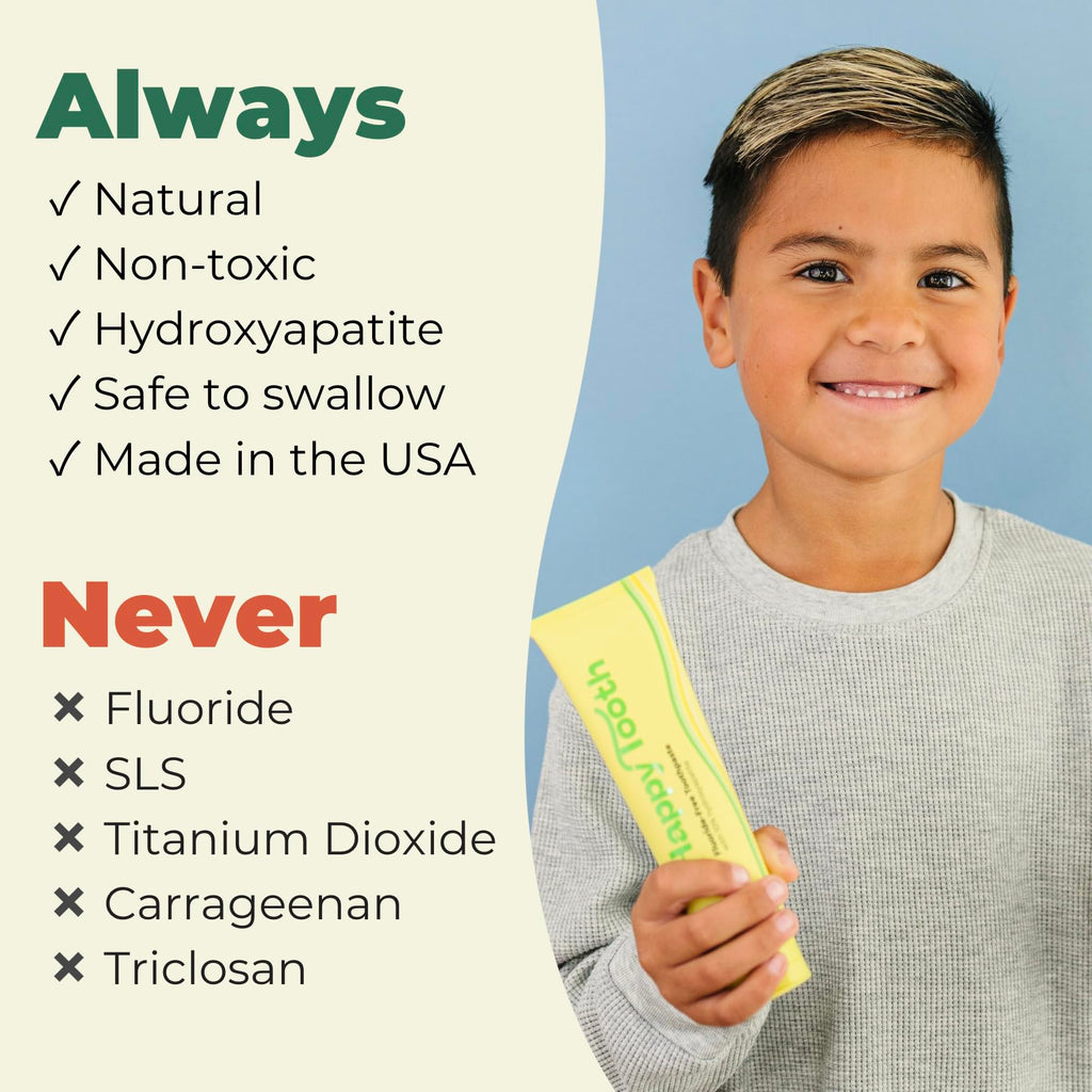 Happy Tooth Hydroxyapatite Toothpaste, Fluoride Free, Natural Whitening for Kids, Toddlers and Adults, SLS Free, Enamel Safe, Dentist Formulated with Clean Ingredients, Lemon Twist Flavor, 3.4 oz