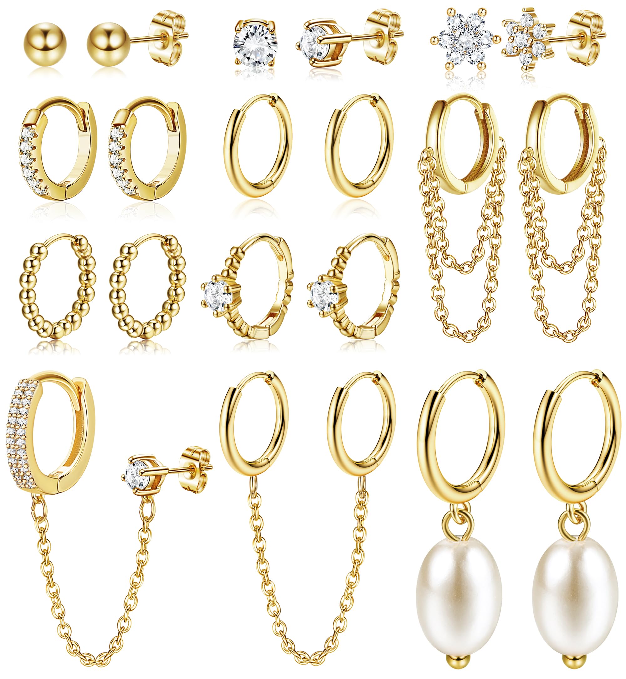 HAIAISO 10 Pairs Small Gold Huggie Hoop Earrings for Women Lightweight Double Piercing Chain Earrings 14K Gold Plated Dainty Ball Stud Earrings Hypoallergenic Gold Earring Set