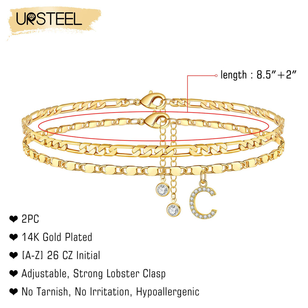 Ursteel Ankle Bracelets for Women, C Initial Anklet 14K-Gold-Plated Dainty Adjustable Layered Chain CZ Letter C Initial Anklets Set Summer Jewelry Gifts Anklets for Women