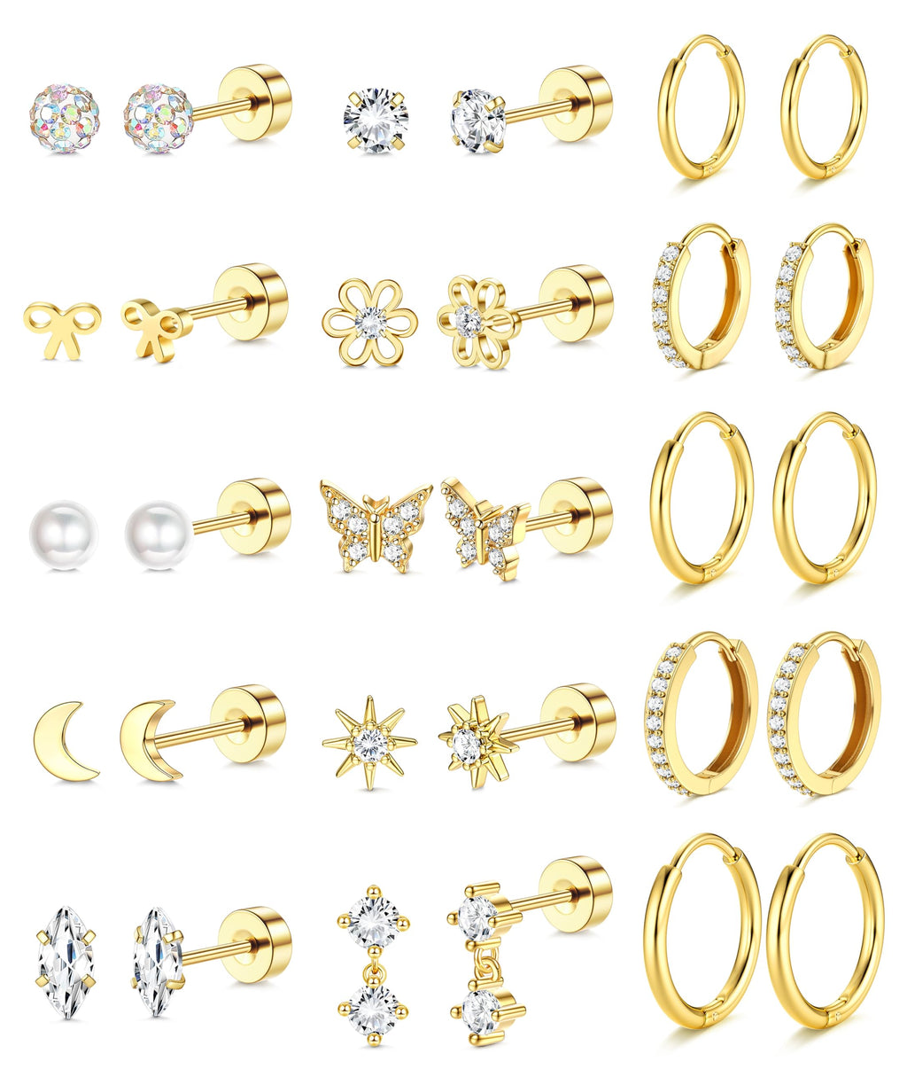 LOLIAS 14K Gold Plated Flat Back Earrings - Hypoallergenic Surgical Stainless Steel Stud Hoop Earrings for Women Girls Kids Cute Stud Earring Set Small Huggie Hoops Cartilage Earring Stacks