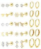 LOLIAS 14K Gold Plated Flat Back Earrings - Hypoallergenic Surgical Stainless Steel Stud Hoop Earrings for Women Girls Kids Cute Stud Earring Set Small Huggie Hoops Cartilage Earring Stacks