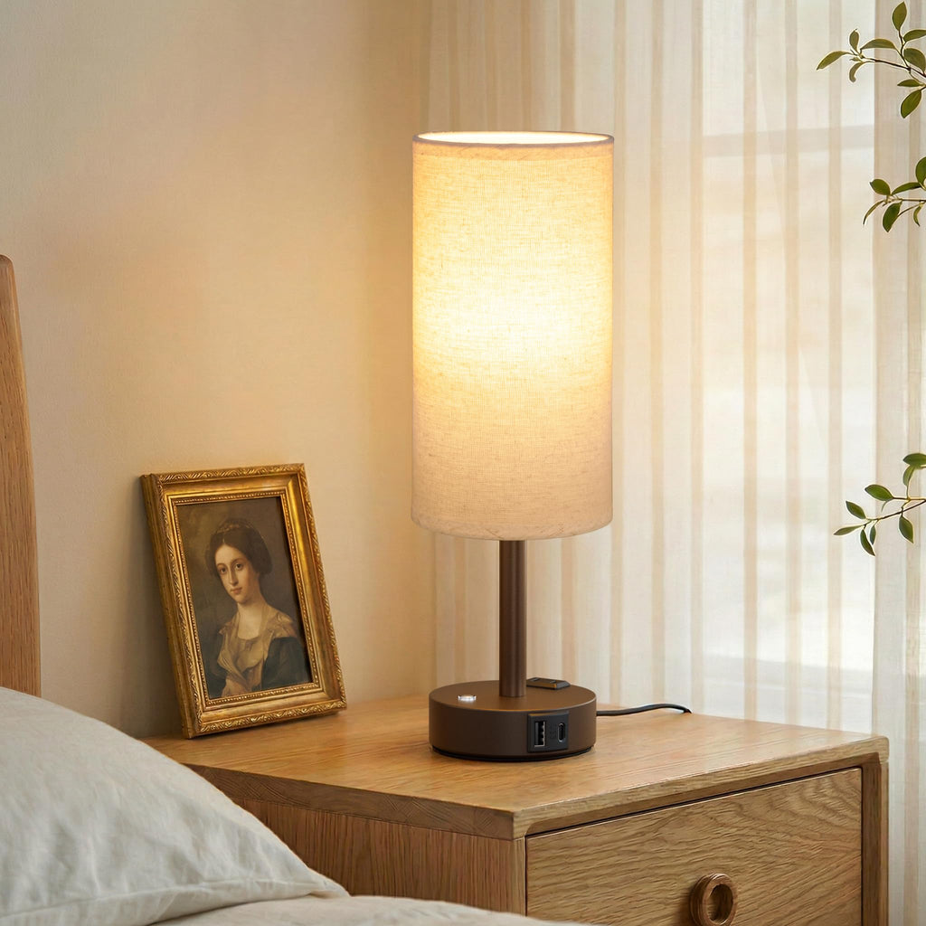 Touch Bedside Table Lamp with Memory - Stepless Dimmable Lamp for Bedroom, Small Nightstand Lamp with Dual USB Charging Ports and AC Outlet, Wood Night Light, Deak Lamp for Nursery (Beige & Brown)