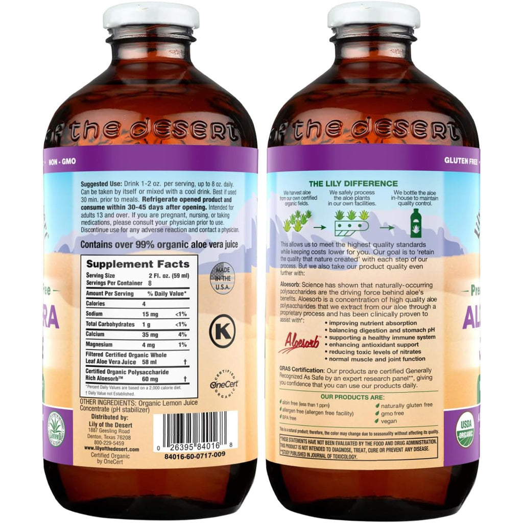 Lily of the Desert Aloe Vera Juice, Whole Leaf Filtered 2-Pack, Organic & Preservative Free – Natural Vitamins, Digestive Enzymes for Gut Health, Glowing Skin & Wellness, 16 Fl Oz Ea