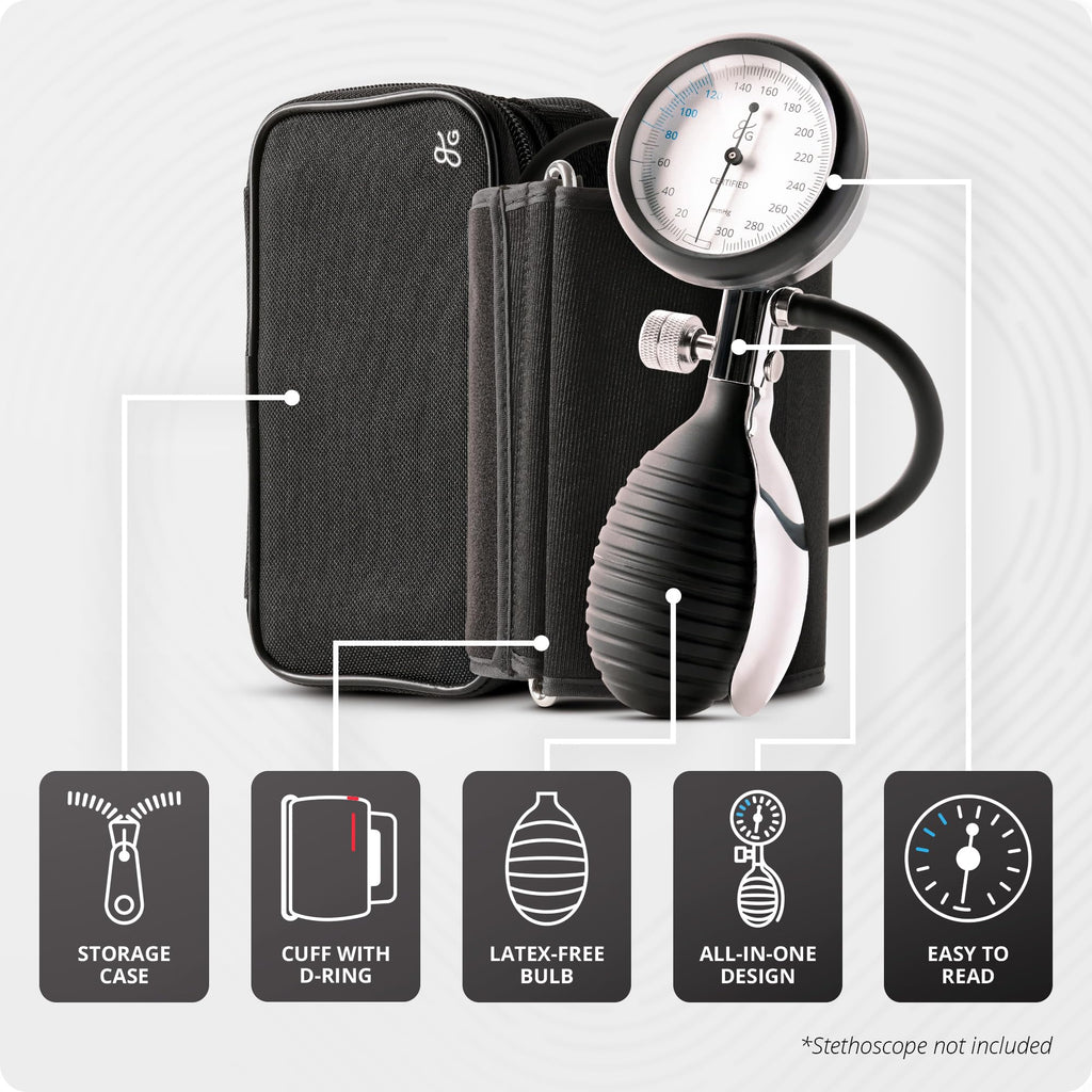 Greater Goods Sphygmomanometer – Adult Manual Blood Pressure Cuff, Wide-Range Fit (8.7”–16.5”), Latex-Free, for Nursing Students & Home Use, Portable BP Cuff with Carrying Case (Onyx Black)