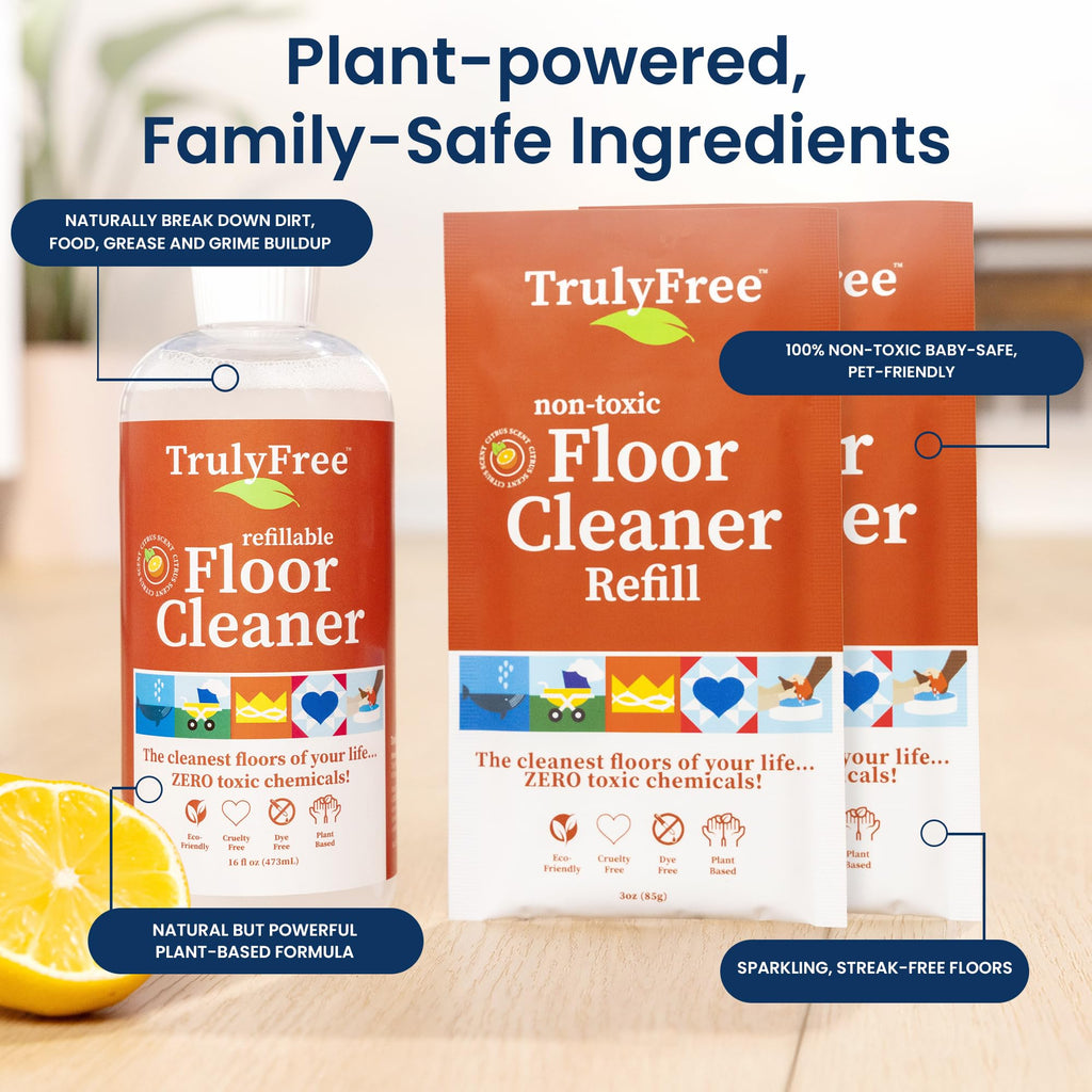 Truly Free Floor Cleaner Kit - Plant-Based Mopping Solution (16oz Reusable Empty Bottle + Two Pouches, 3oz ea.) - DIY All-Surface Cleaner for Hardwood, Tile, Wood & Concrete