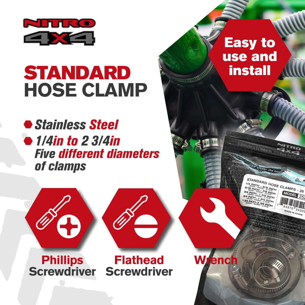 NITRO4X4 Stainless Steel Hose Clamps Set - 26 Pack Adjustable Hose Clamp (1/4 to 2-3/4 Inch, 6-70mm) - Heavy Duty Radiator Hose Clamps for Fuel Line, Plumbing, Automotive, and Mechanical Applications