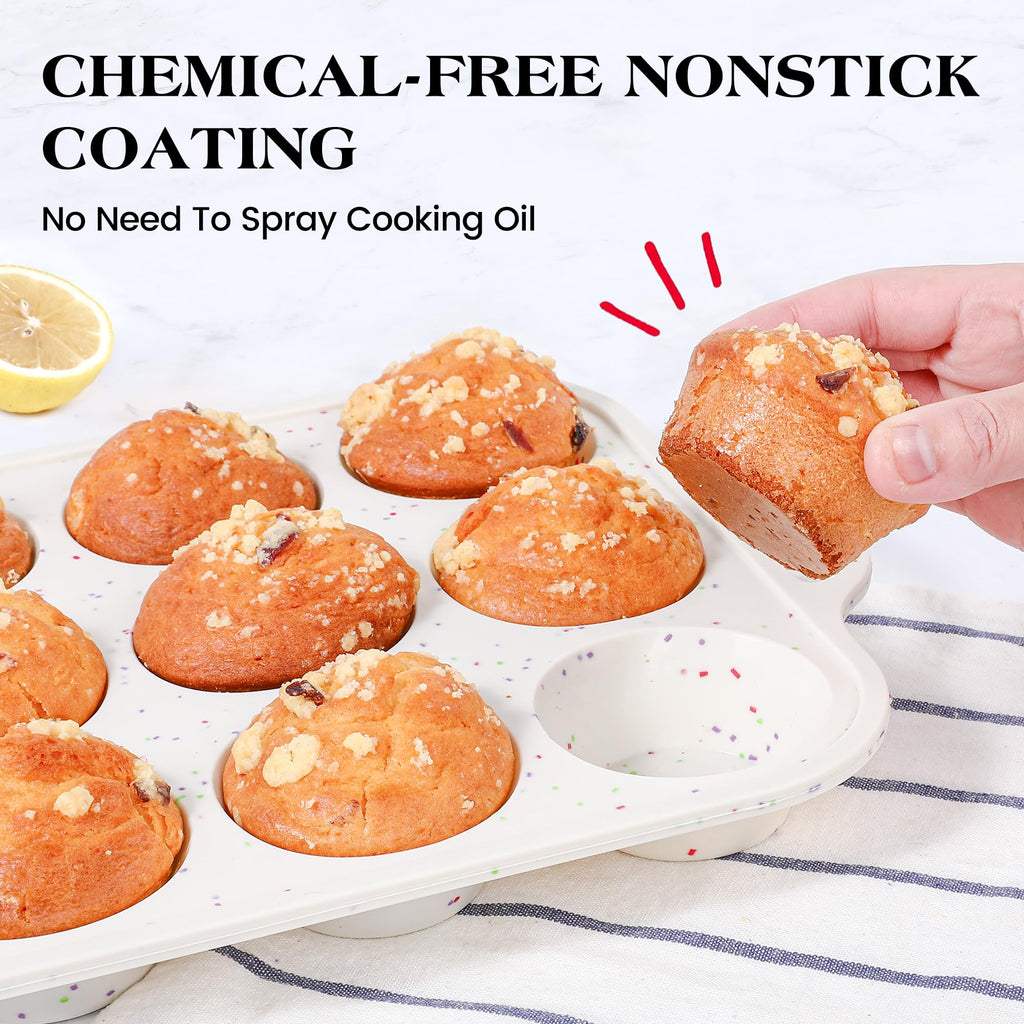 AOTASO 3 Pcs Silicone Baking Pan Set - Including Mini Loaf Pan, Standard Muffin Pan and Mini Muffin Pan - Silicone Cupcake Molds With Metal Reinforced Frame (Cream)