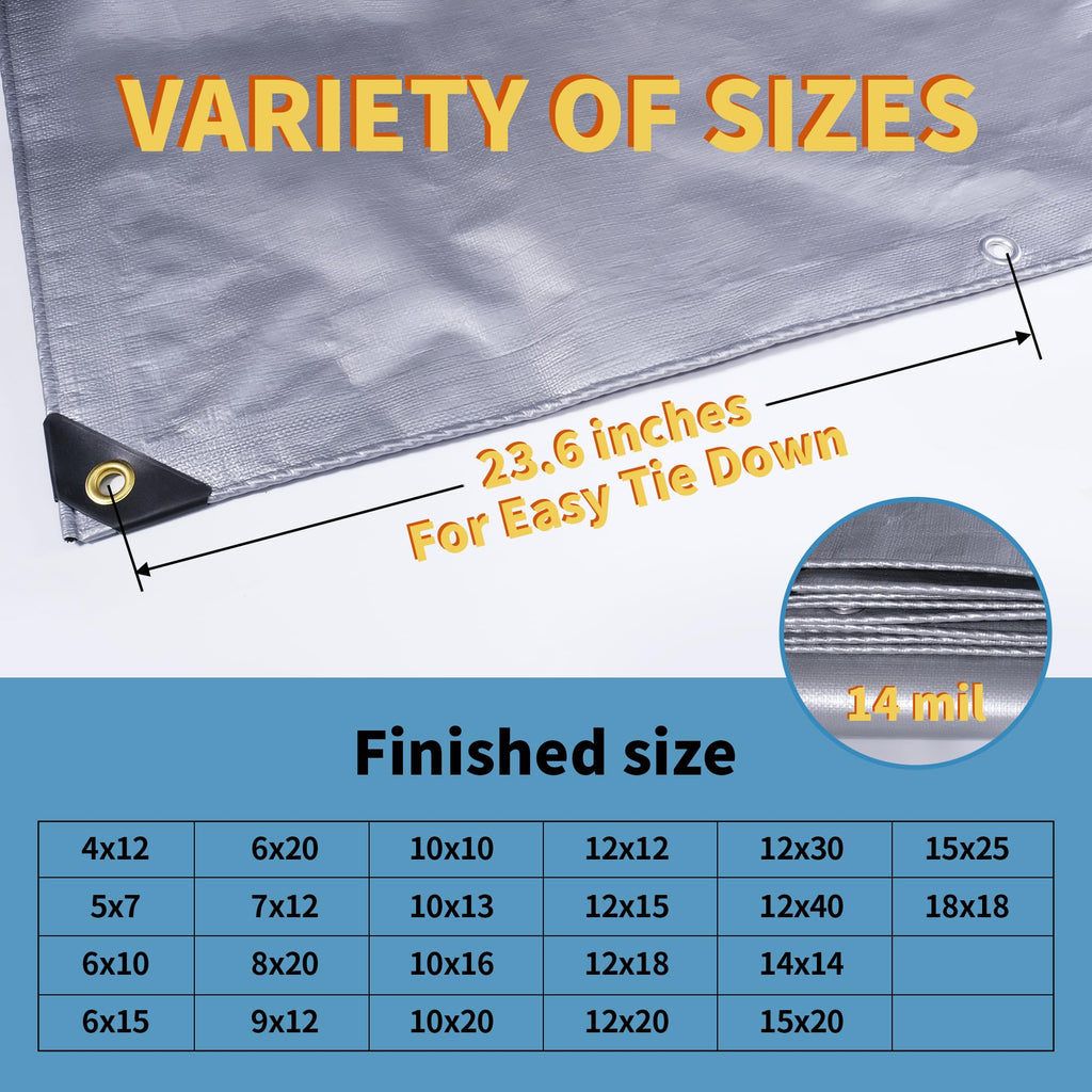 TARPAL 9x12 tarp,Heavy Duty Tarp 14mil Silver Reflective Tarps Waterproof with Grommets and Reinforced Edges UV Protection,Tear Resistant for Firewood,RV,Boat,Roof,Car,Camping