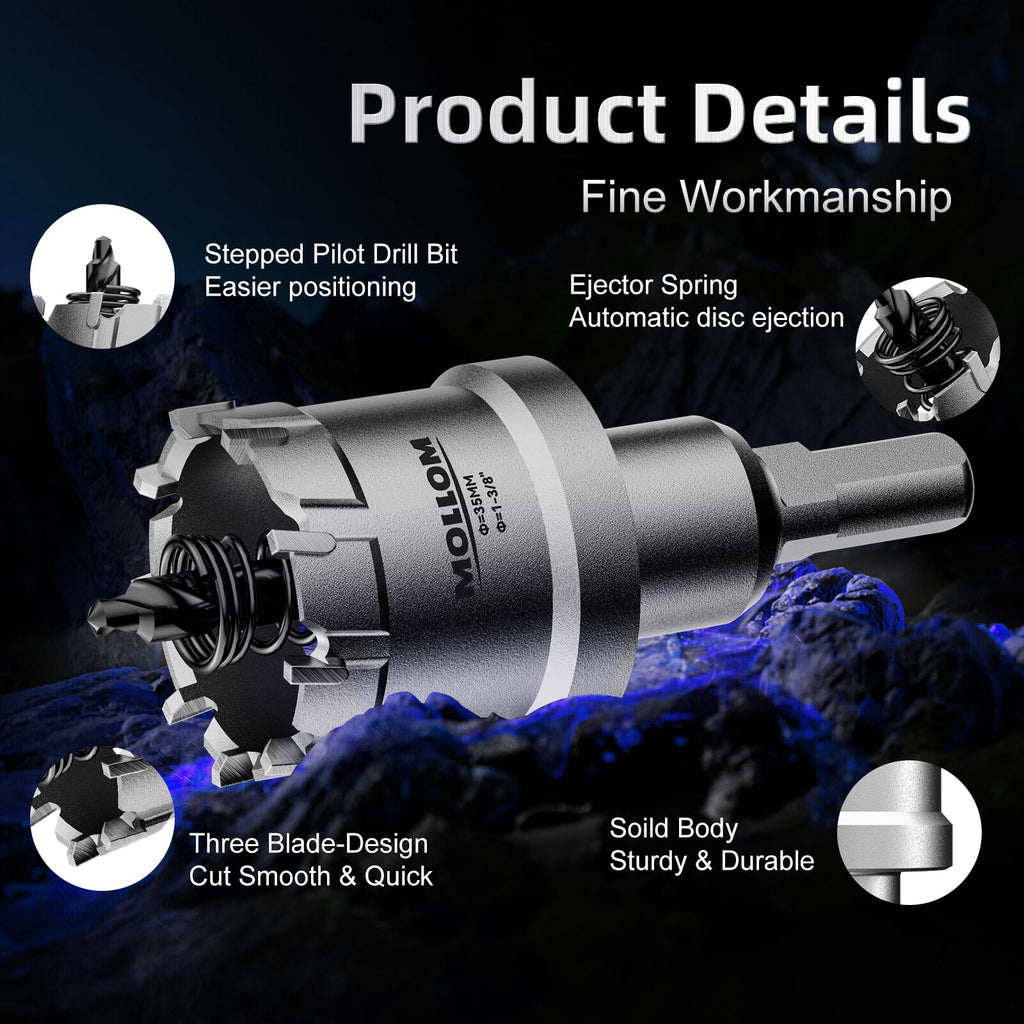 Mollom (2-1/8''|54mm) Heavy Duty Carbide Hole Saw with 2 Pilot Drill Bits, Hole Cutter cuts Stainless Steel, mild Steel, Iron, Copper, Brass, Plastic