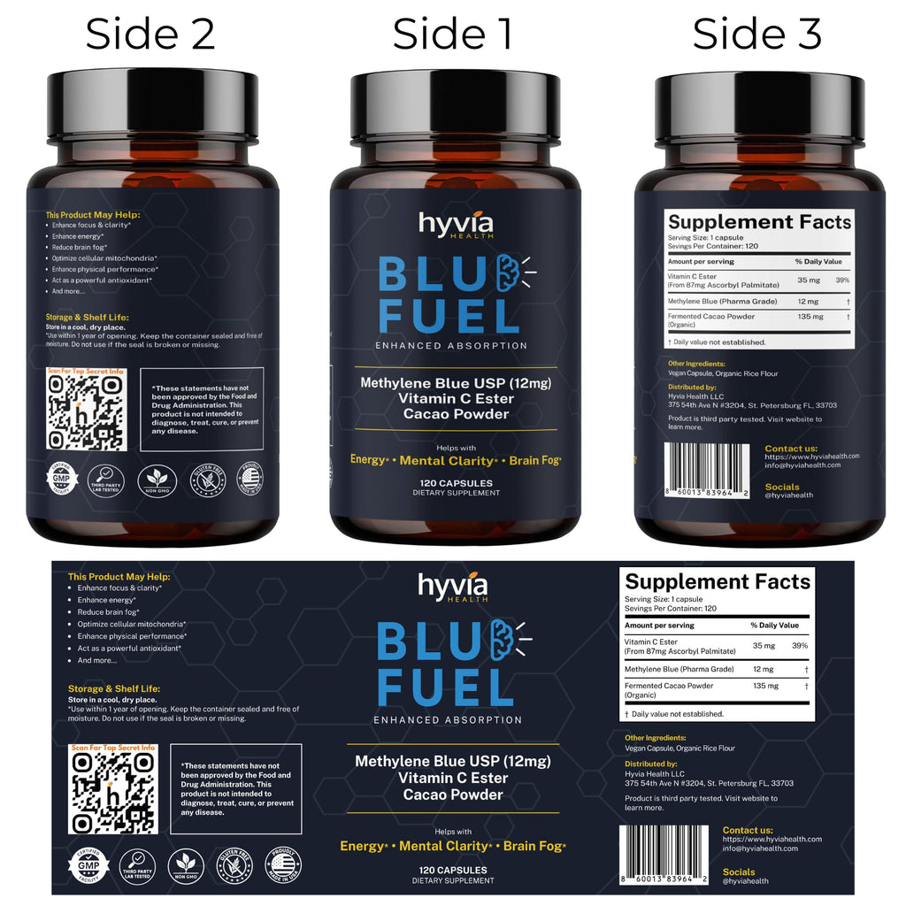 Methylene Blue Capsules - USP Pharmaceutical Grade Supplement For Humans - 120ct w/ Added Vitamin C For Enhanced Absorption - Helps Support Cognitive Energy, Brain Fog, & Mental Clarity | Made In USA