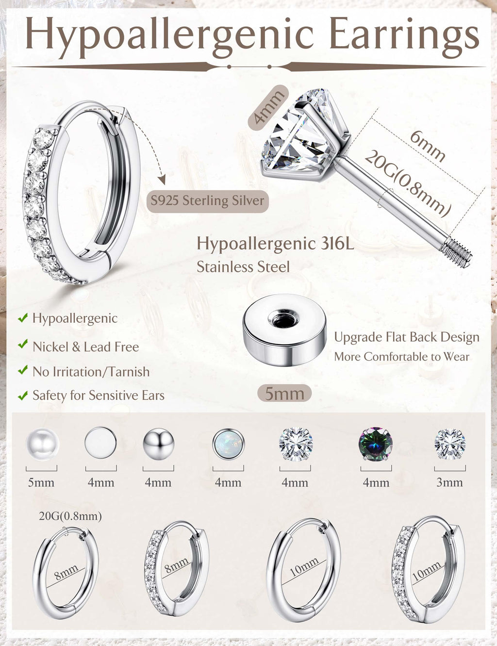 Jstyle Flat Back Earrings for Women Hypoallergenic Silver Earring Stacks