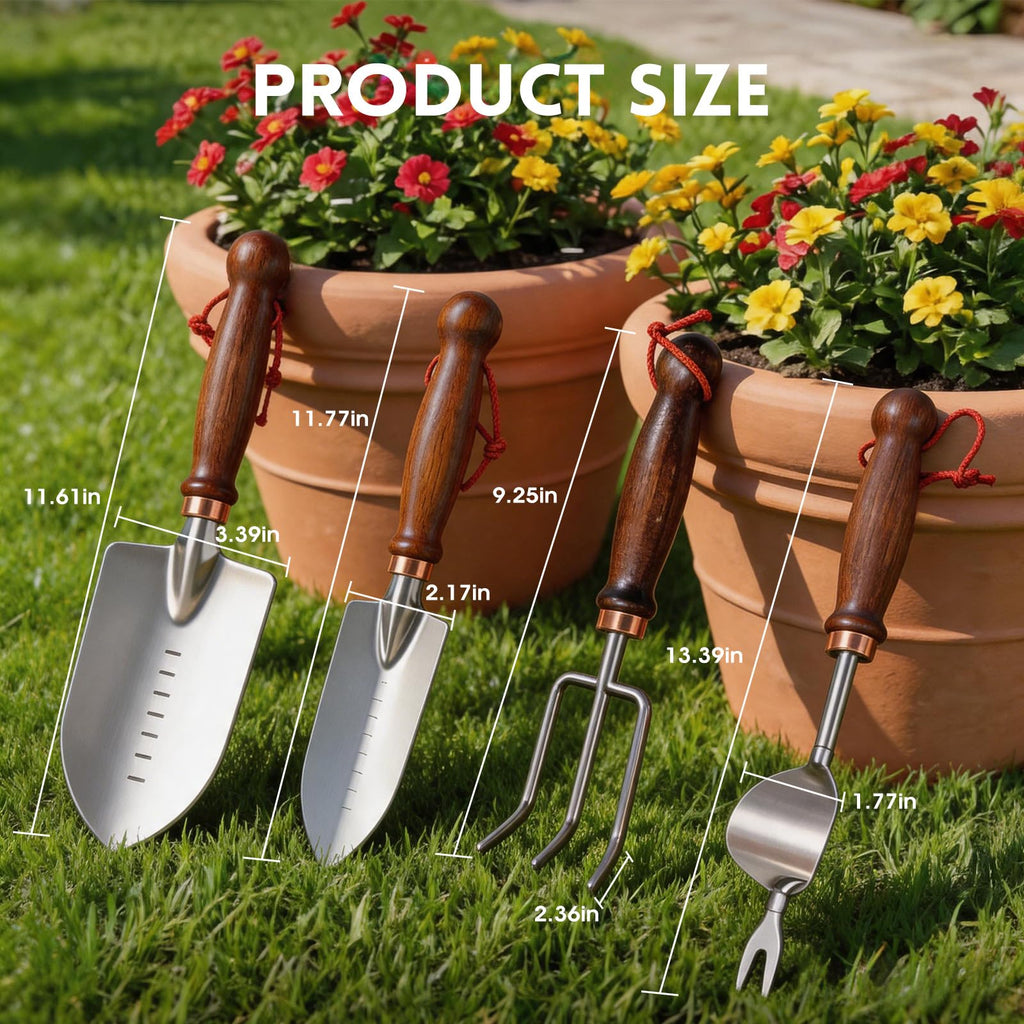 Zenrok Garden Tools, 4 Pack Garden Shovel with Wooden Handles Hand Tools with Transplanting Hand Shovel, Rake and Root Picker Ideal for Digging and Planting