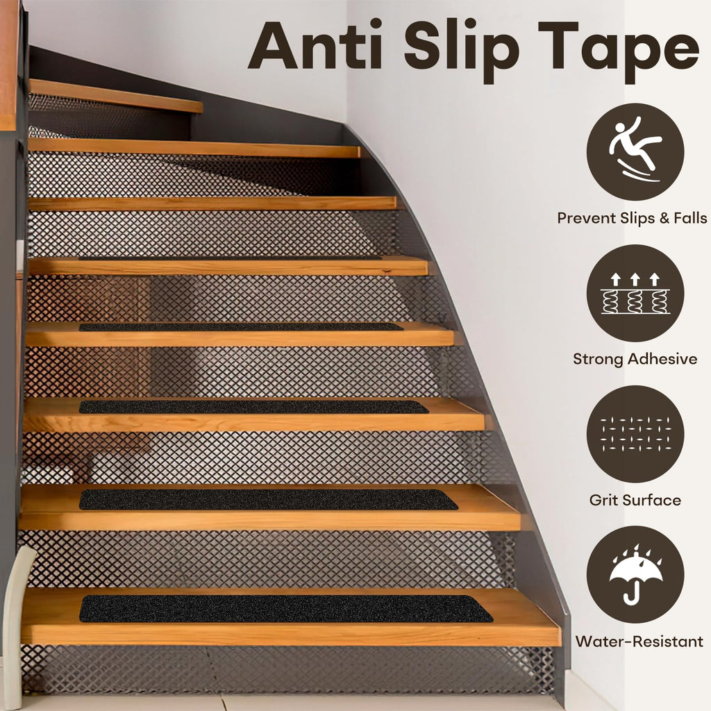Ealyder Tape Non Slip Tape 6 inch X 30 inch (10-Pack) - Outdoor Waterproof Non Skid Tape, Stair Treads Anti Slip Tape for Step, Deck, Pre-Cut Anti Slip Tape, Black with Roller