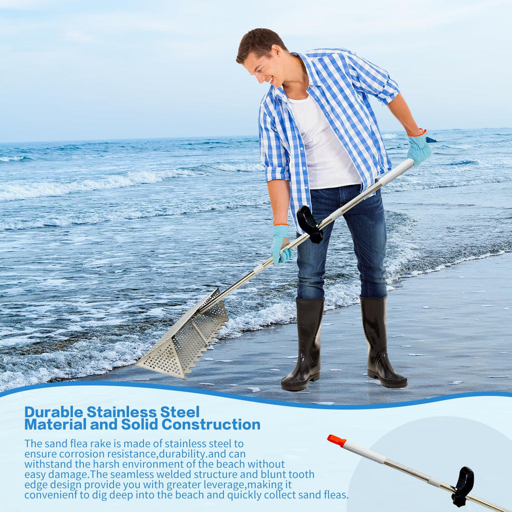 LTSEAME Sand Flea Rake, Detachable Long Handle Sand Sifter for The Beach, The Shark Tooth Screen Comes with a 16in Wide Drain Screen