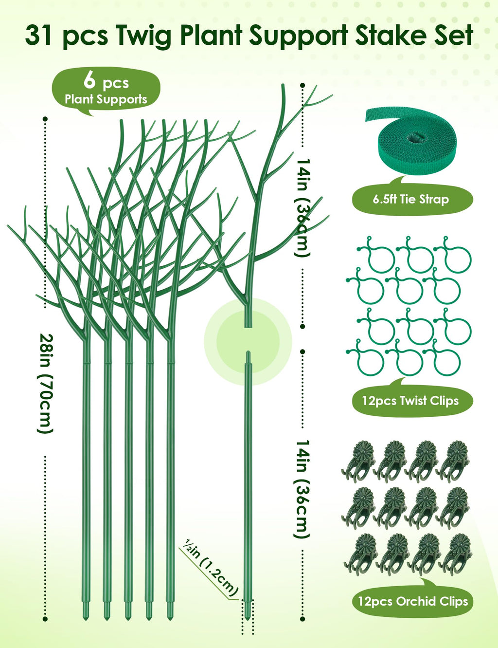 NiHome 28" Plant Support Stakes Set of 6 for Indoor & Outdoor Garden