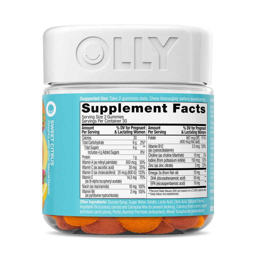 OLLY Prenatal Multivitamin Gummy, Daily Multi Blend for Mommy & Baby, Folic Acid, Omega 3 DHA, Vitamins A & D, Sweet Citrus Flavored, 30 Day Supply - 60 Count