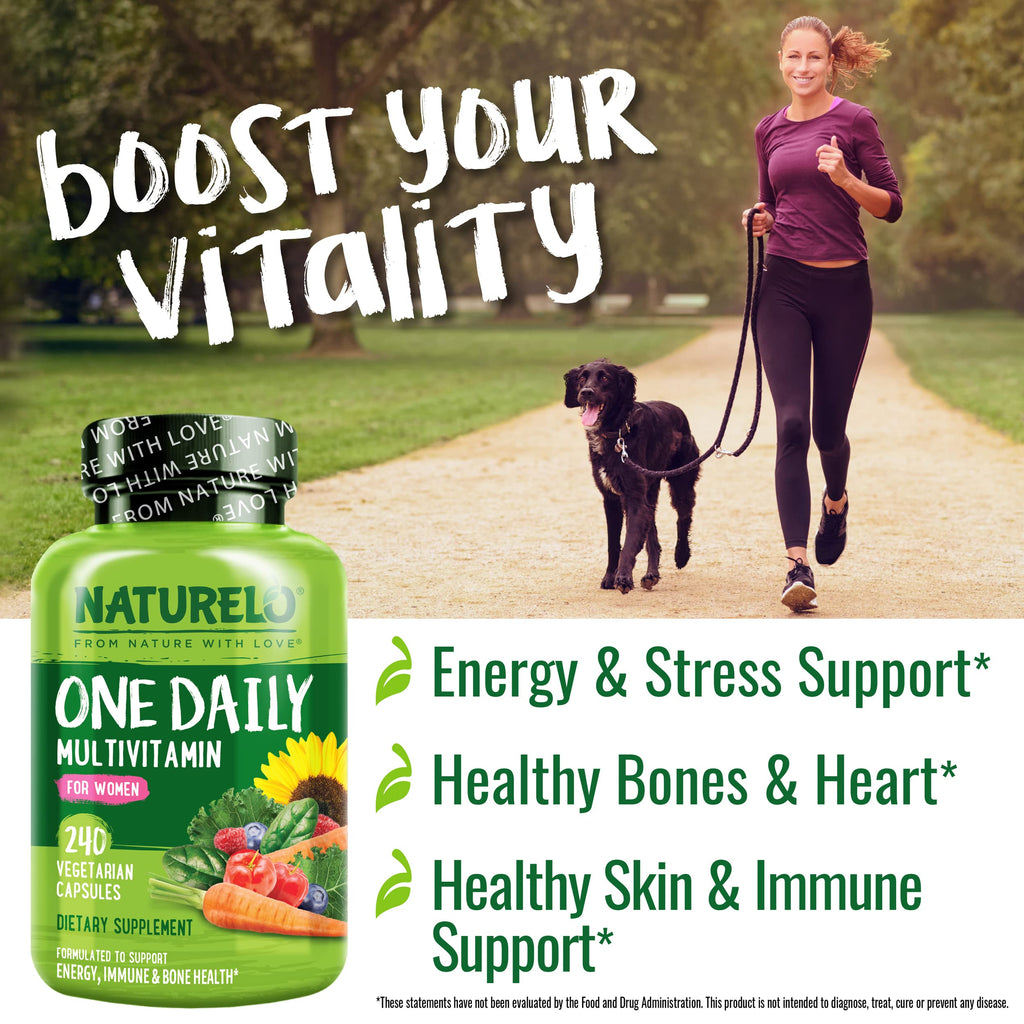 NATURELO One Daily Multivitamin for Women w/Vitamin B12, 240 Ct, Energy Support, Whole Food Daily Women Multivitamin Supplement, Nourish Hair/Skin/Nail, Non-GMO, No Soy, Gluten Free, 8 Month Supply