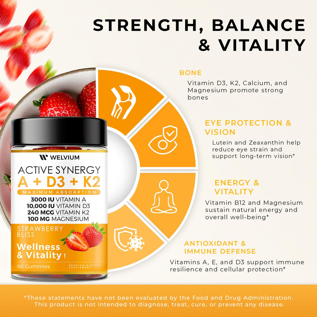 WELVIUM Vitamin D3 K2 Gummies 10000 IU with Magnesium Glycinate, Calcium, B12, K2 MK-7, Vitamins A, E, Lutein, Zeaxanthin - ADK Chewable Supplement for Bone, Eye, Immune Support - D3K2 Gummies