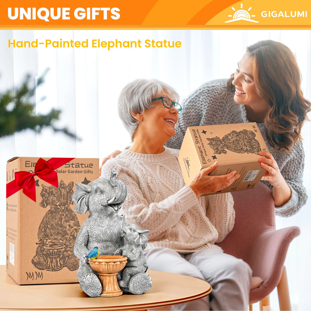 GIGALUMI Solar Garden Statues Bird Bath Elephant 9", Loving Elephant Decor, Yard Decorations Outdoor, Elephant Figurine Lights for Outside, Garden Decor Unique Housewarming Gifts for Women, Mom