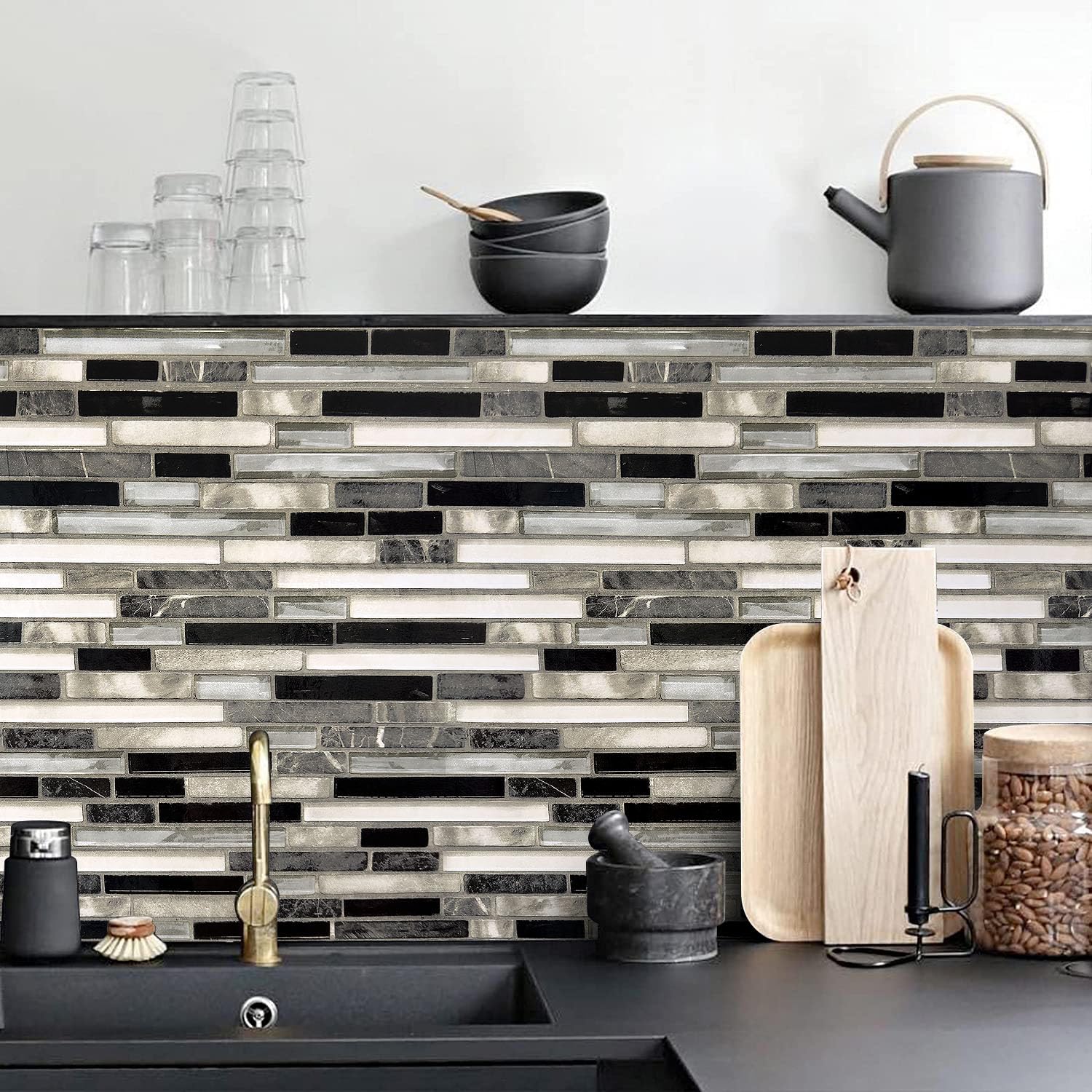 Livebor Peel and Stick Backsplash Wallpaper Kitchen Backsplash Wallpaper 17.7inchx393.7'' Tile Contact Paper Kitchen Peel and Stick Countertops Waterproof Contact Paper for Bathroom Black/Gray