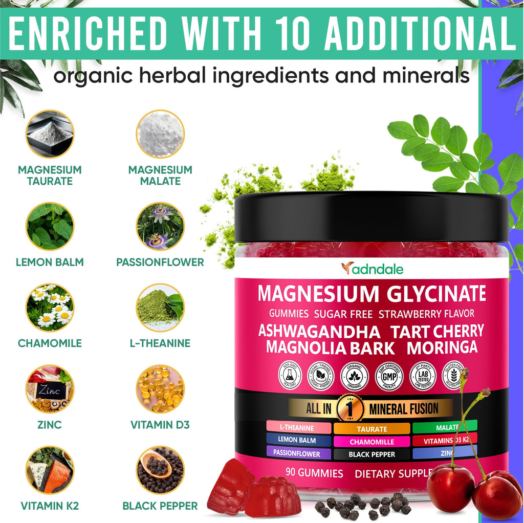 Adndale 90ct 15-in-1 Magnesium Glycinate Gummies 400 mg/serv- with Magnesium Malate, Ashwagandha, Tart Cherry, Magnolia Bark, Lemon Balm, Passionflower, Chamomile, L-Theanine, Zinc, Vitamin K2 & D3