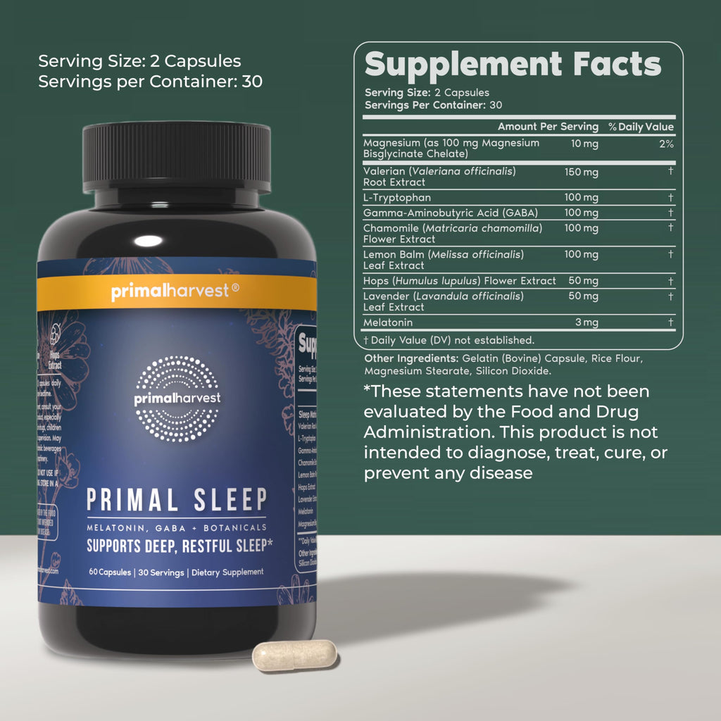 Primal Harvest Primal Sleep Support Supplement for Adults with Melatonin, GABA, Valerian Root, L-Tryptophan, Magnesium Bisglycinate Chelate, and Chamomile for Deep Restful Sleep