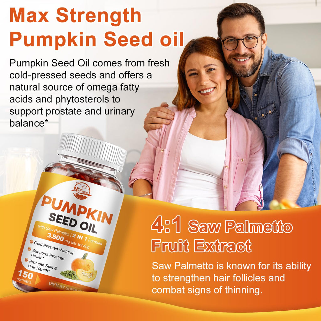 Pumpkin Seed Oil with Saw Palmetto, 3500mg Max Strength per Serving, 150 Softgels, Cold-Pressed with Essential Fatty Acids & Phytosterols, Supports Immune, Hair, Bladder & Prostate Health