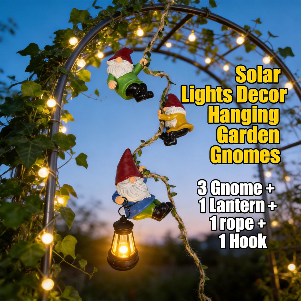 Gnome Garden Hanging Decor, 3 Pack Climbing Gnomes Statues & Solar Lanterns