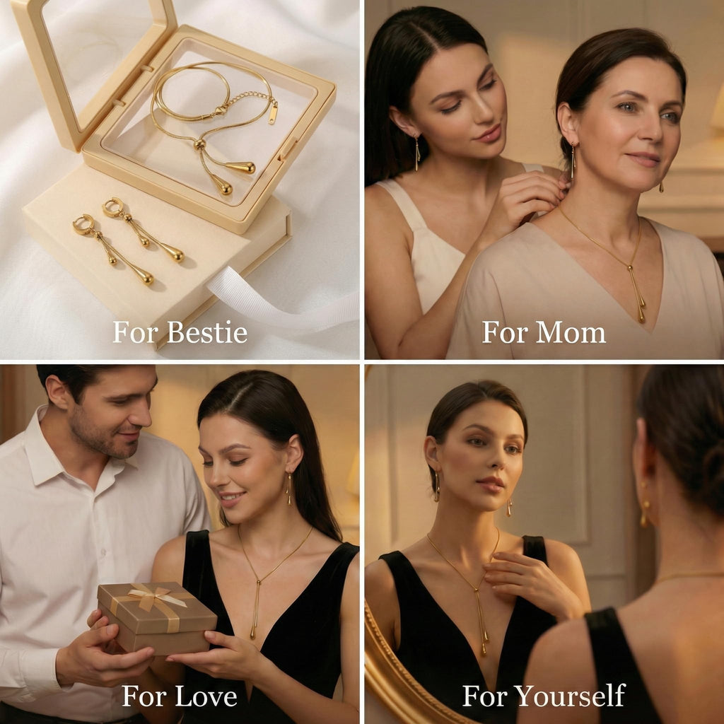 RINHOO FRIENDSHIP Gold Plated Teardrop Jewelry Set for Women(Gold Style)