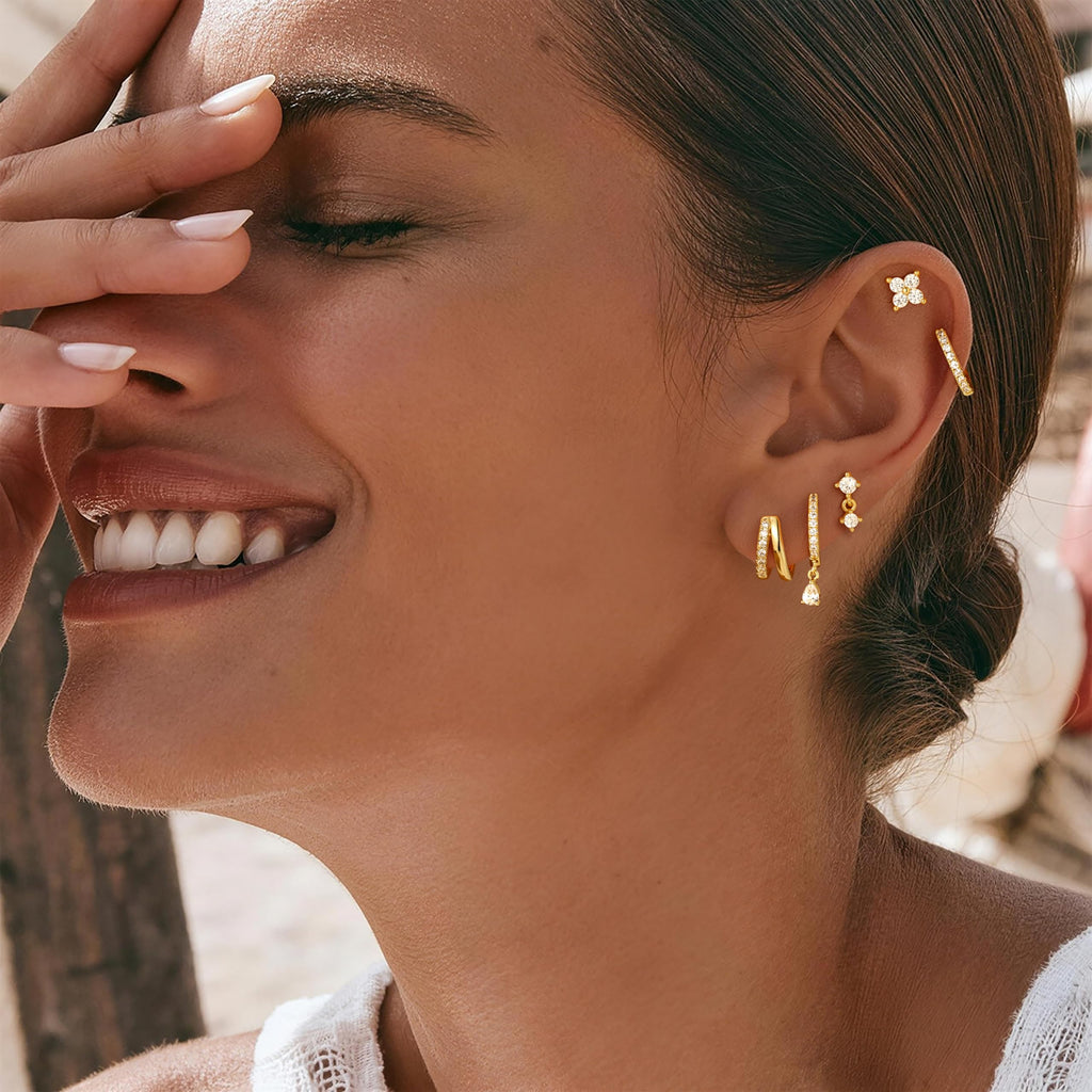 M MOOHAM Flat Back Earring Stacks for Women, Hypoallergenic 14k Real Gold Plated Hoop Stud Cartilage Earrings Stack Set Small Cute Helix Huggie Hoop Drop Earrings Trendy Jewelry Gifts for Women