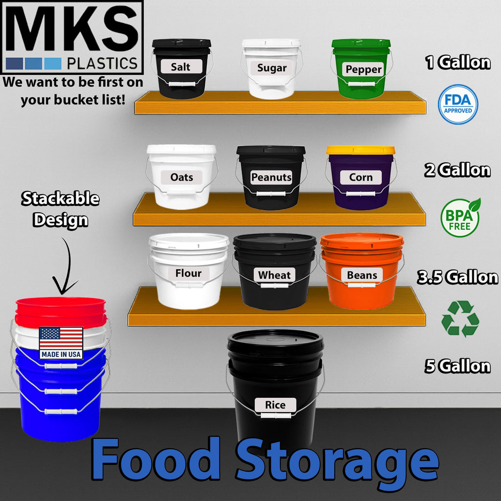 MKS Plastics 5-Gallon Bucket with Airtight Lid – Made in USA, Food Grade BPA Free Plastic, Heavy Duty Multi-Use, Metal Handle with Grip, Stackable Storage – Black, 6 Pack