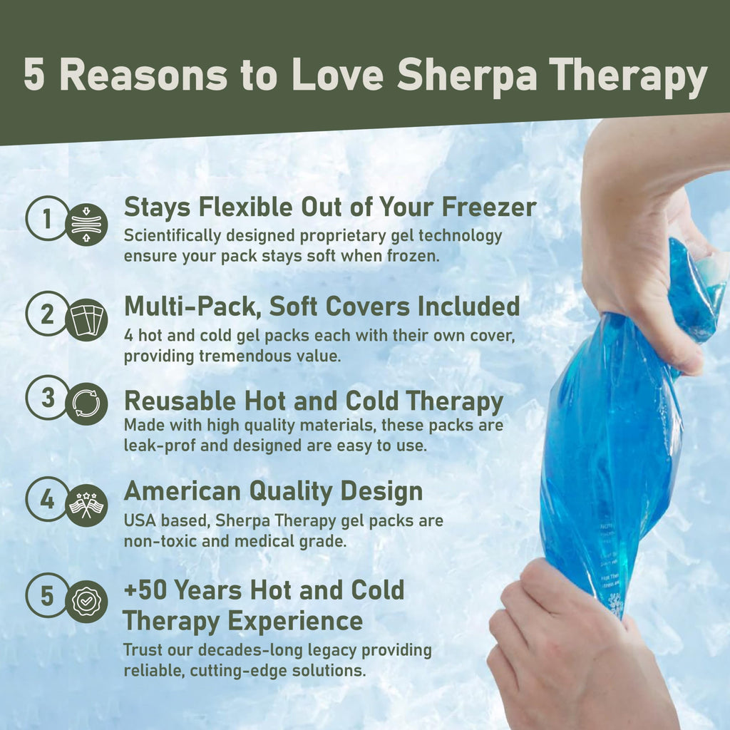 SHERPA THERAPY 4PK Flexible Gel Ice Packs for Injuries Reusable - Gel Ice Pack Cold Compress for Knee, Back, Neck, Wrist, Hand, Elbow, Ankle Pain Relief - 9.5" x 4.5"