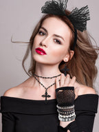 Ecation 7 Pcs 80s Women Costume Accessories Halloween Leather Punk Bracelet Black Cross Necklace Lace Headband Fishnet Glove(Classic Style)