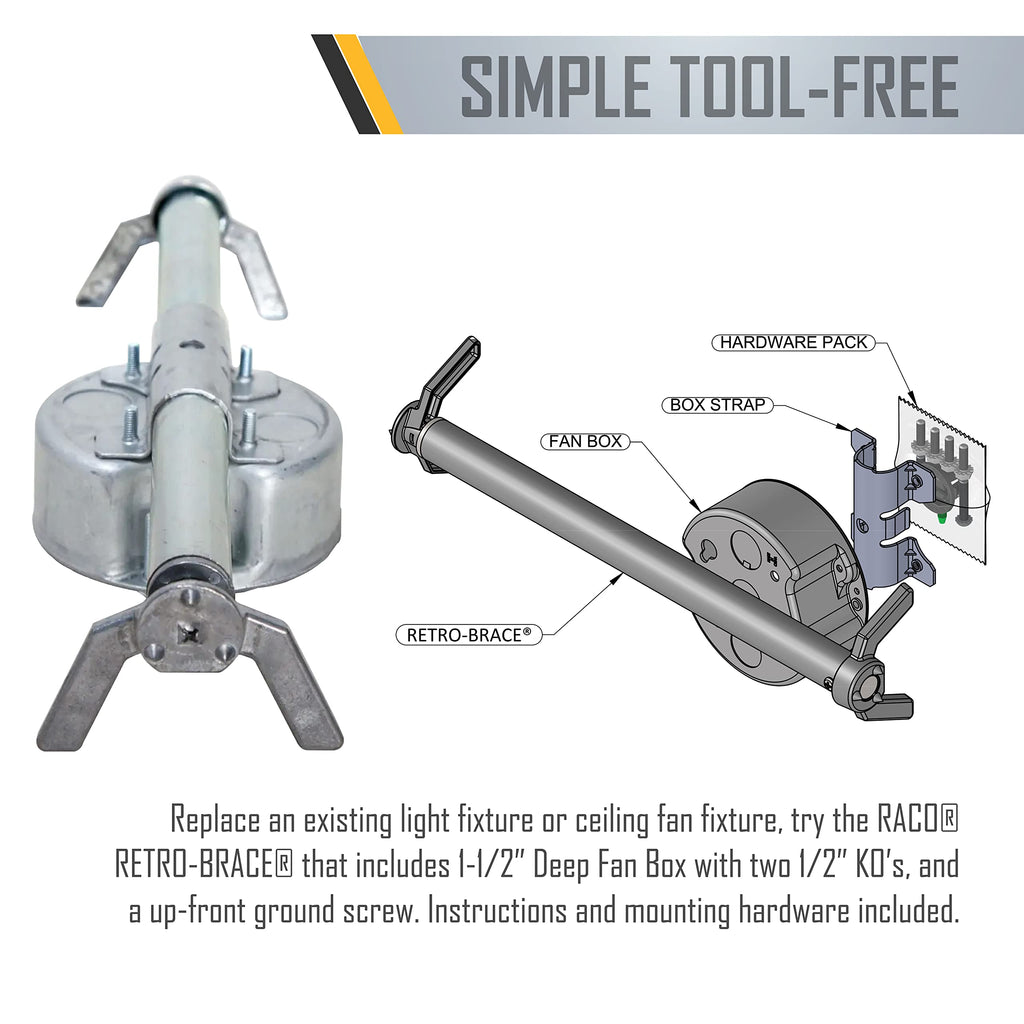 RACO RETRO-BRACE 936 1.5-in. Deep Ceiling Fan Box for Old Work 2.5-in. Knockouts, Old Work Electrical Box, Adjustable Brace, and Mounting Bracket for Ceiling Light Fixtures & Chandelier Fans