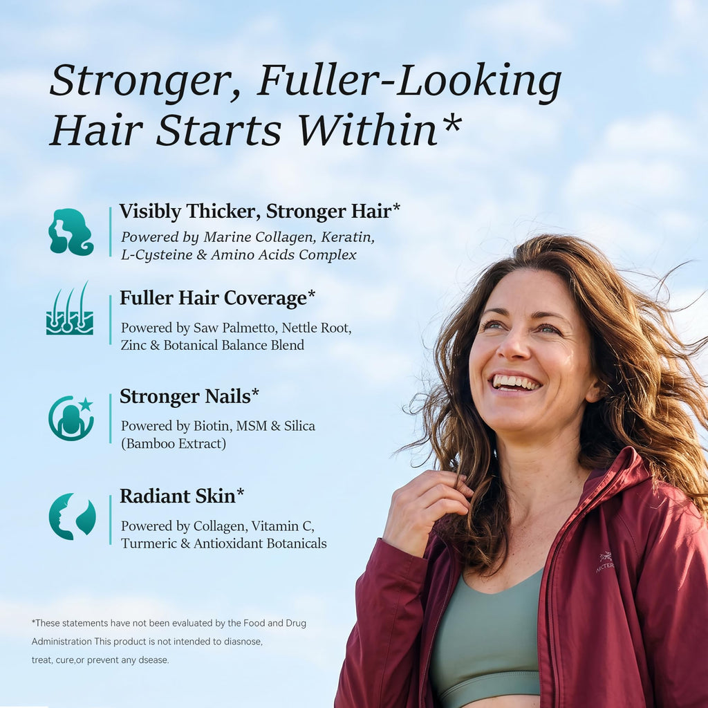 Hair Growth Supplements for Women, Ages 30 and Up - Clinically Tested for Visibly Thicker Hair with Biotin 10,000mcg, Vitamins, Keratin, Collagen, Saw Palmetto, Supports Scalp, Skin & Nails, 120 ct