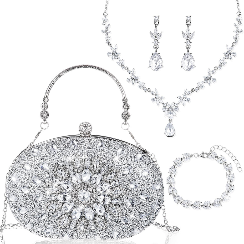 Quelay 4 Pcs Purse Rhinestone Jewelry Set for Wedding Bridal Women Evening Clutch Bag Necklace Dangle Earrings Bracelets(Silver,Stylish Style)
