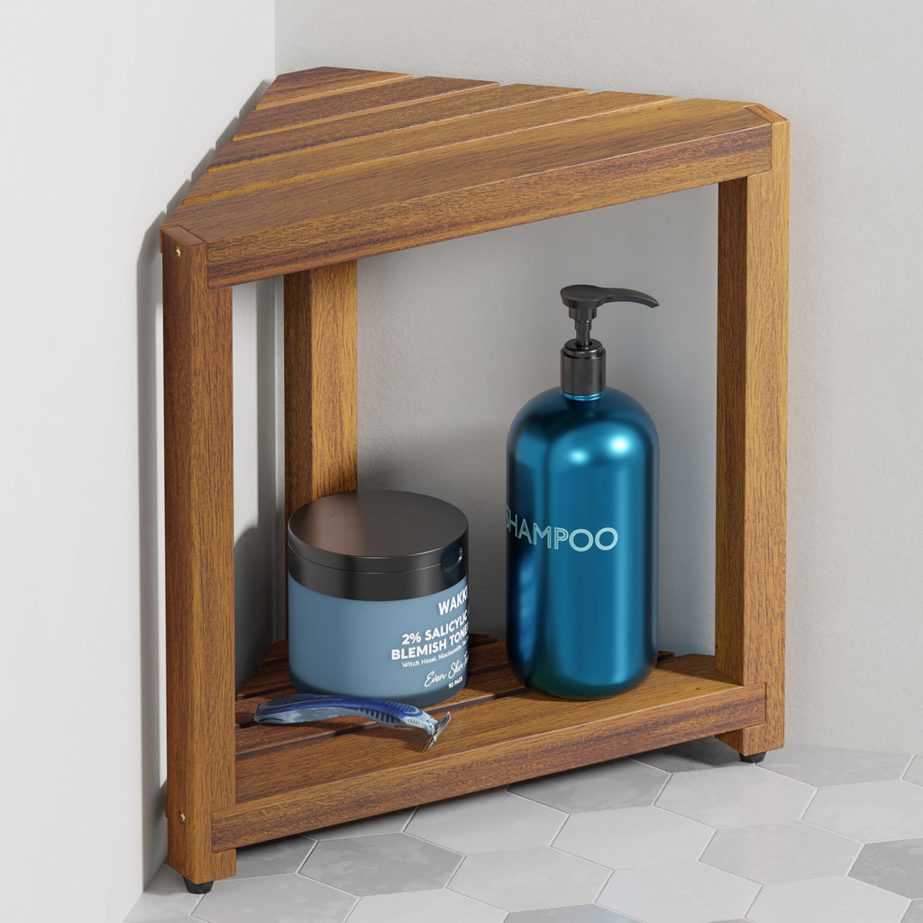 BLUEWEST 16.5" Corner Shower Stool, Wooden Corner Shower Bench for Shaving Legs Inside Shower, Waterproof Shower Foot Rest with Storage Shelf, Shower Seats and Benches