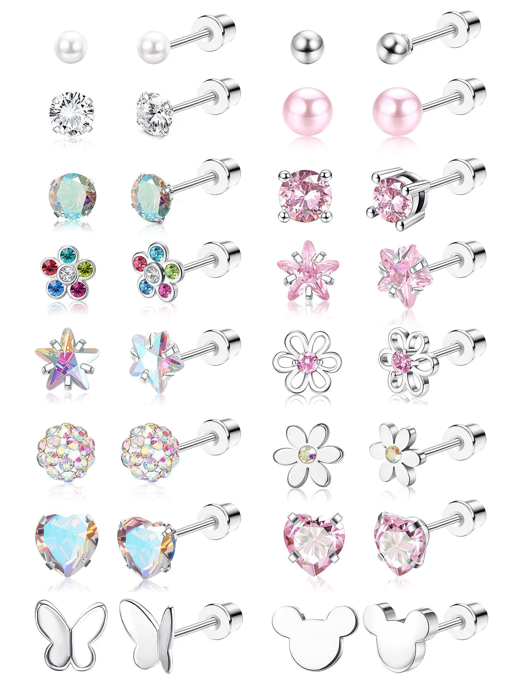 CASSIECA 16Pairs Hypoallergenic Screw Back Earrings for Girls Stud Earrings