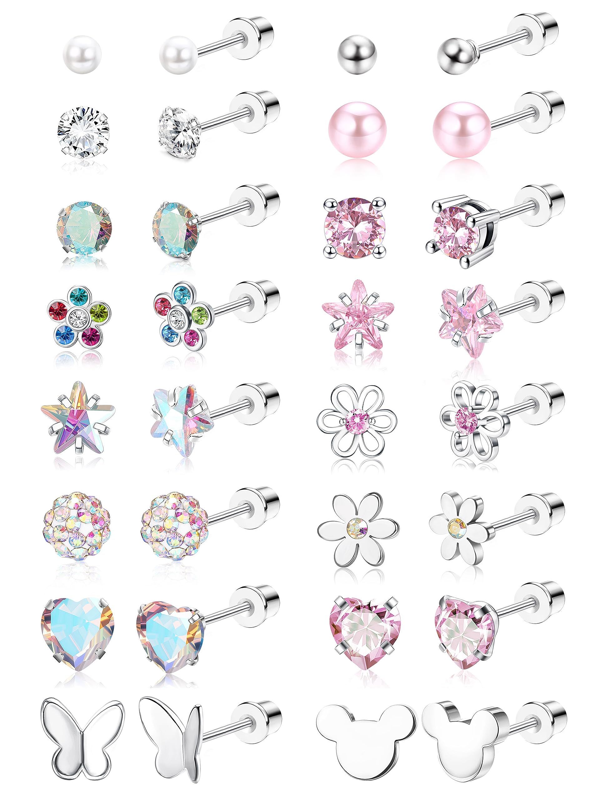 CASSIECA 16Pairs Hypoallergenic Screw Back Earrings for Girls Stud Earrings
