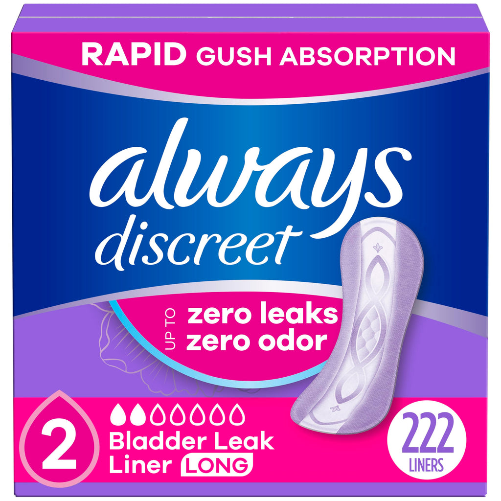 Always Discreet Incontinence Panty Liners for Bladder Leaks, Size 2, Very Light Absorbency, Long Length, 222 Count (2 Packs of 111)