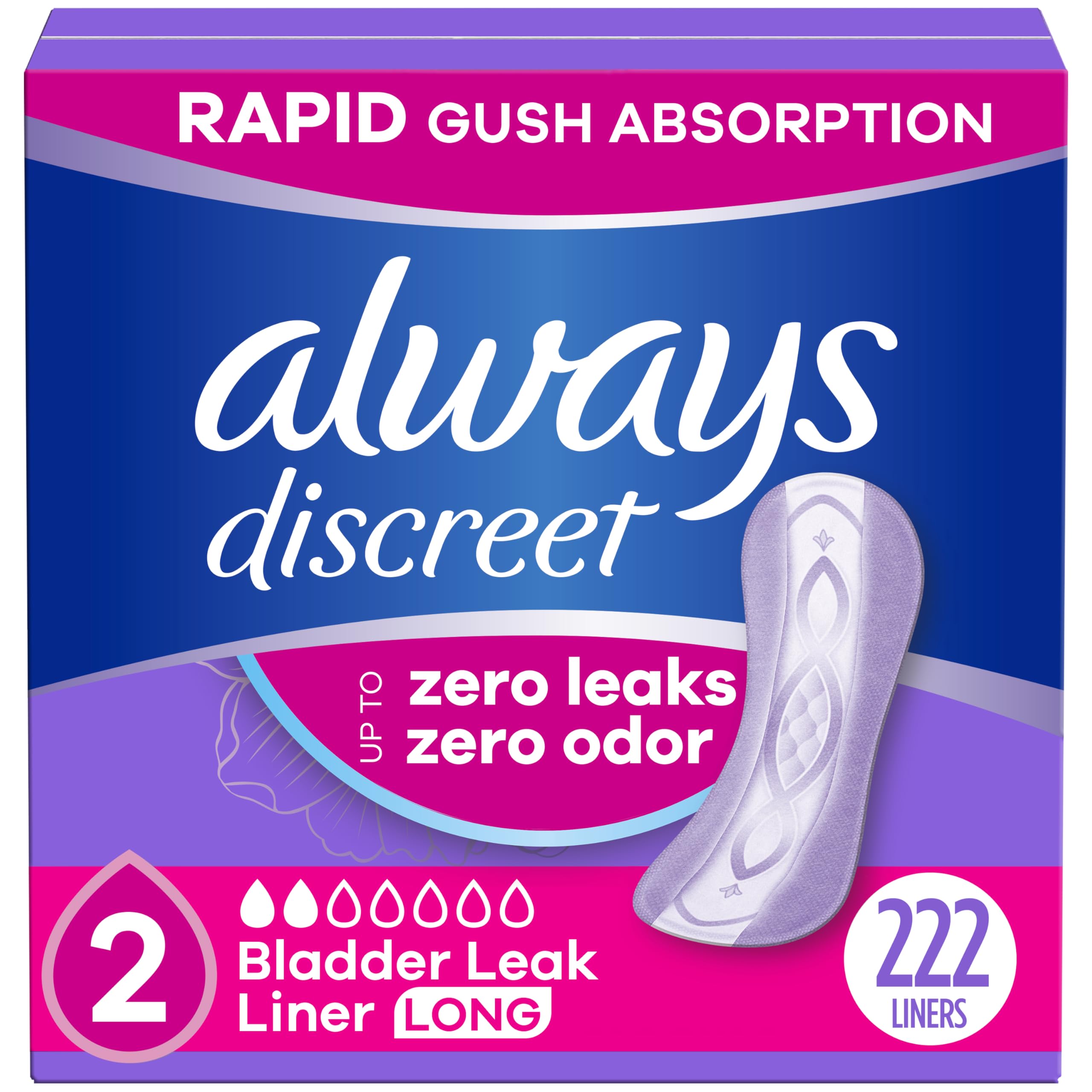 Always Discreet Incontinence Panty Liners for Bladder Leaks, Size 2, Very Light Absorbency, Long Length, 222 Count (2 Packs of 111)