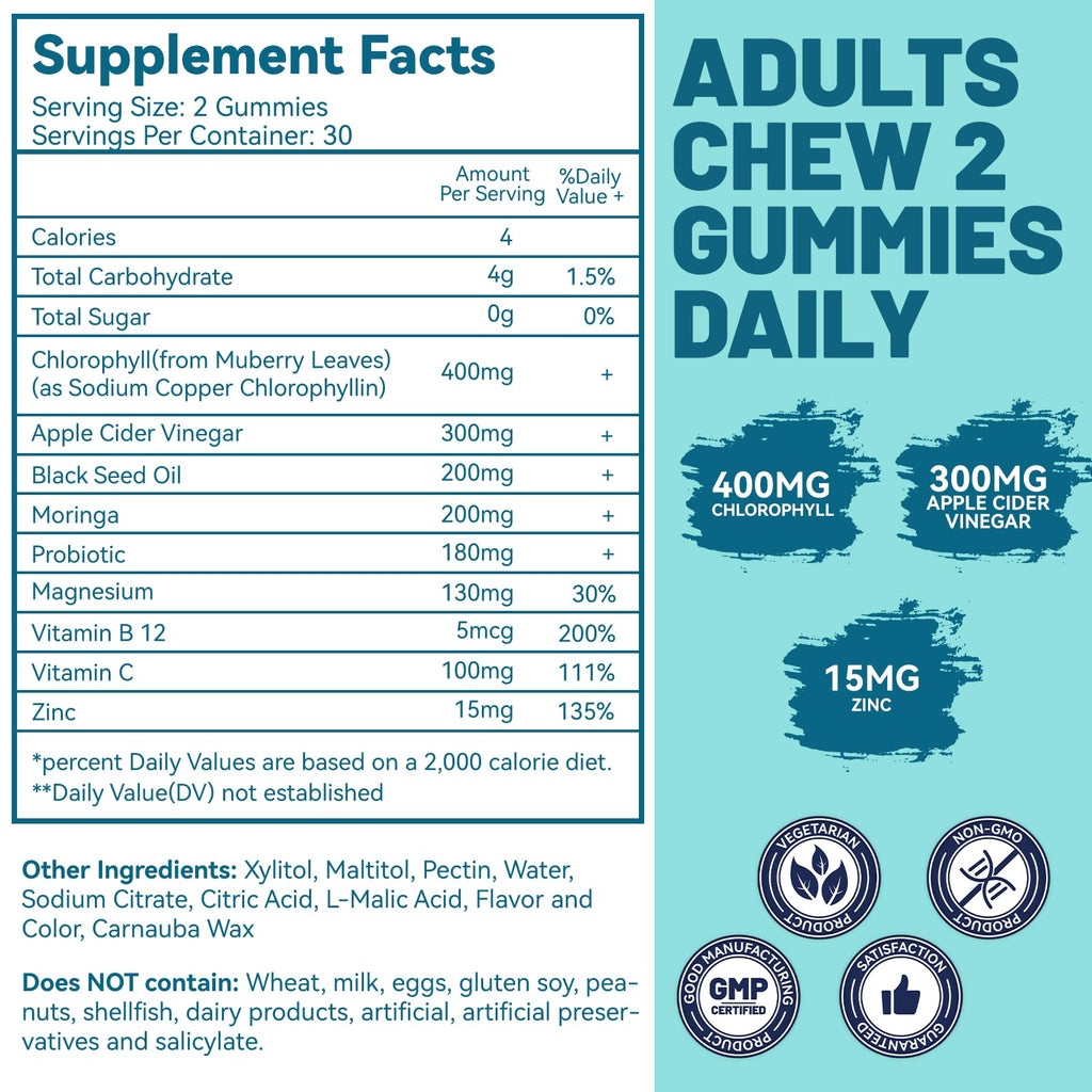 EAZGOO 2 Pack Chlorophyll Gummies for Body Odor Deodorant*, Sugar Free Chewable Chlorophyll for Immune Support Women Vegan,120 Count