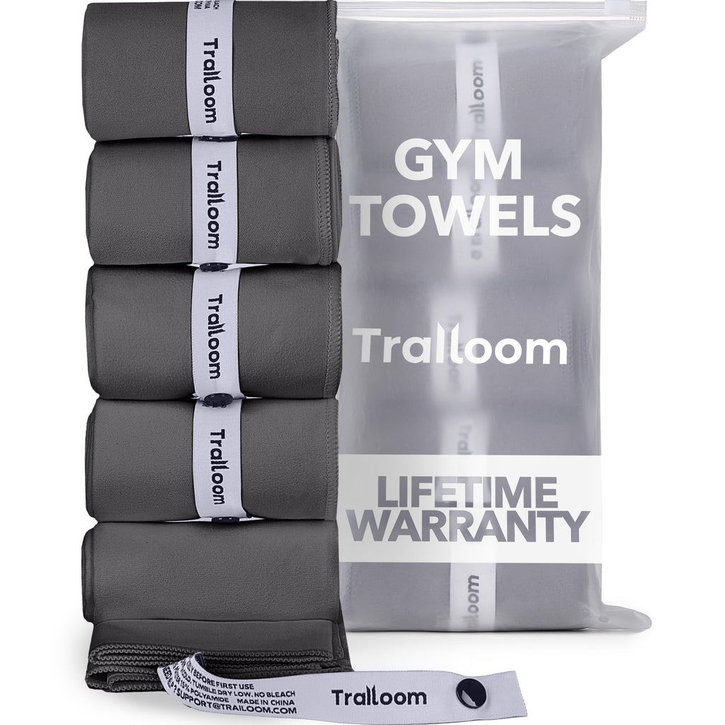 Trailoom Microfiber Workout Towels - Quick Dry, Highly Absorbing, Odor-Free, for Men & Women - Gym Sweat Sports Towel for Hot Yoga, Tennis, Running, Exercise, Working Out, Camping, Set of 5 Dark Gray